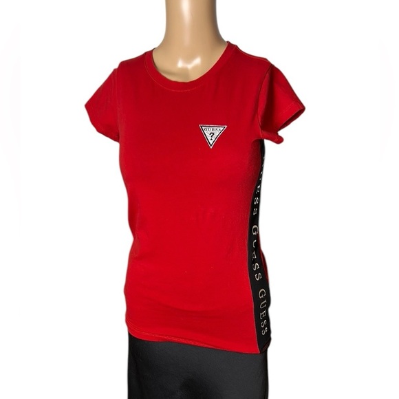 Guess top,women S,Red Fitted Short Sleeve T-shirt, side logos, bright,fun,cotton - Picture 3 of 15